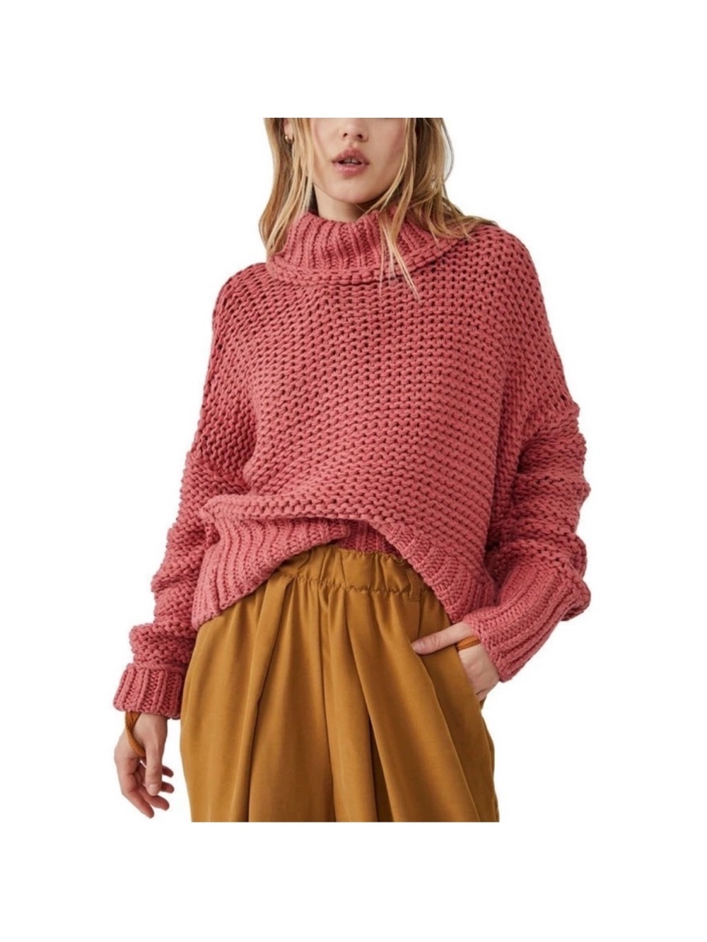 Free People Rose Pink Chunky Turtleneck Sweater